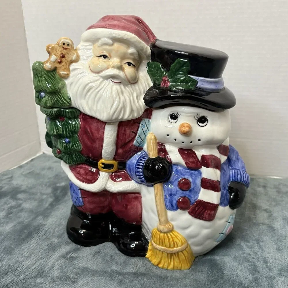 Vintage Jay Imports Santa And Snowman Ceramic Cookie Jar